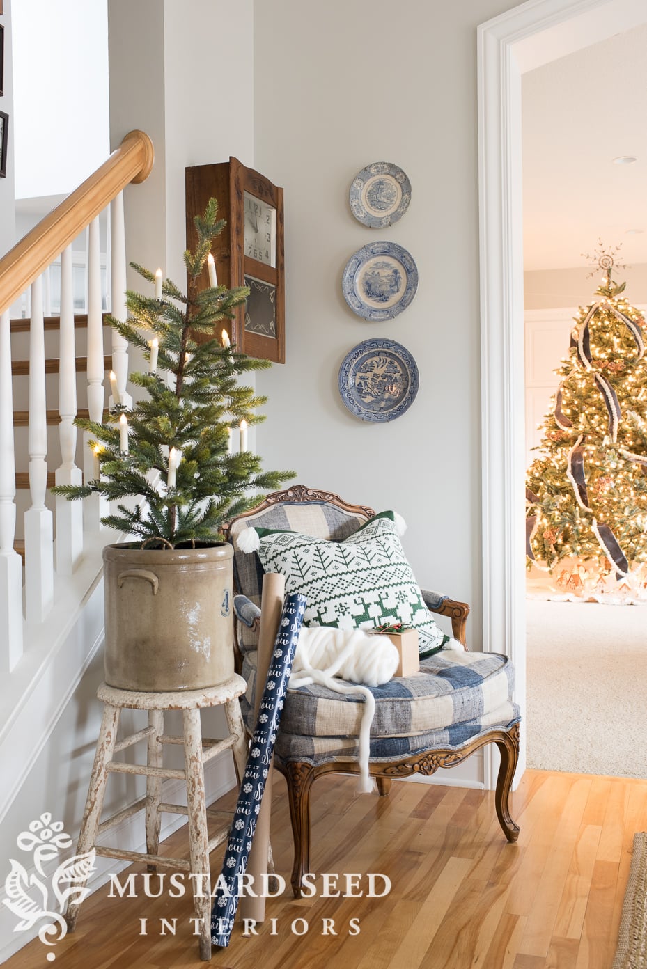 holiday decor entryway | green blue and white Christmas | missmustardseed.com