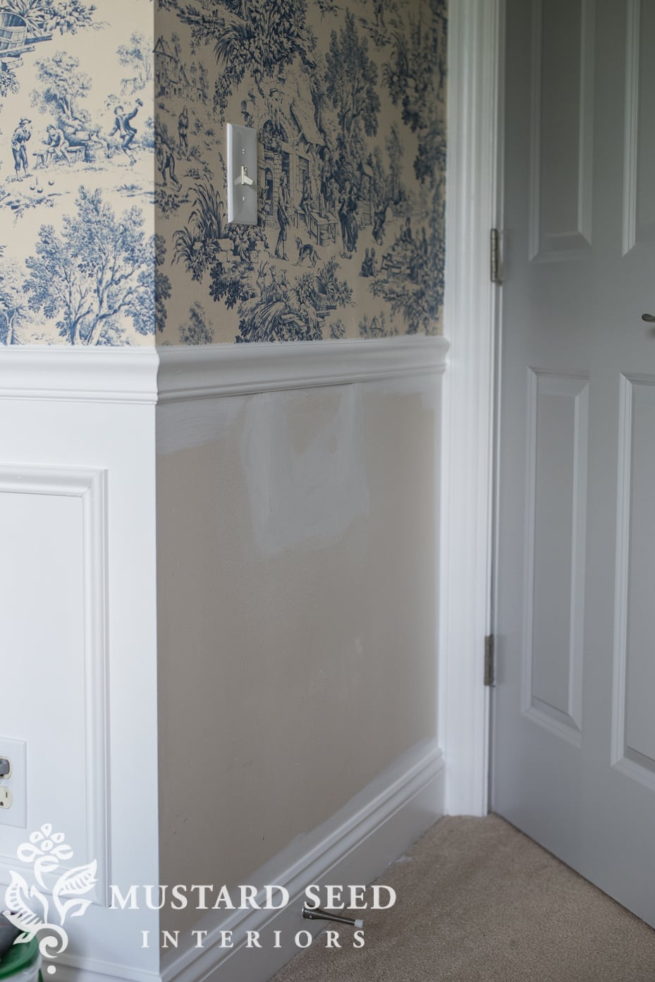 blue toile starch fabric walls miss mustard seed sewing room drywall repair