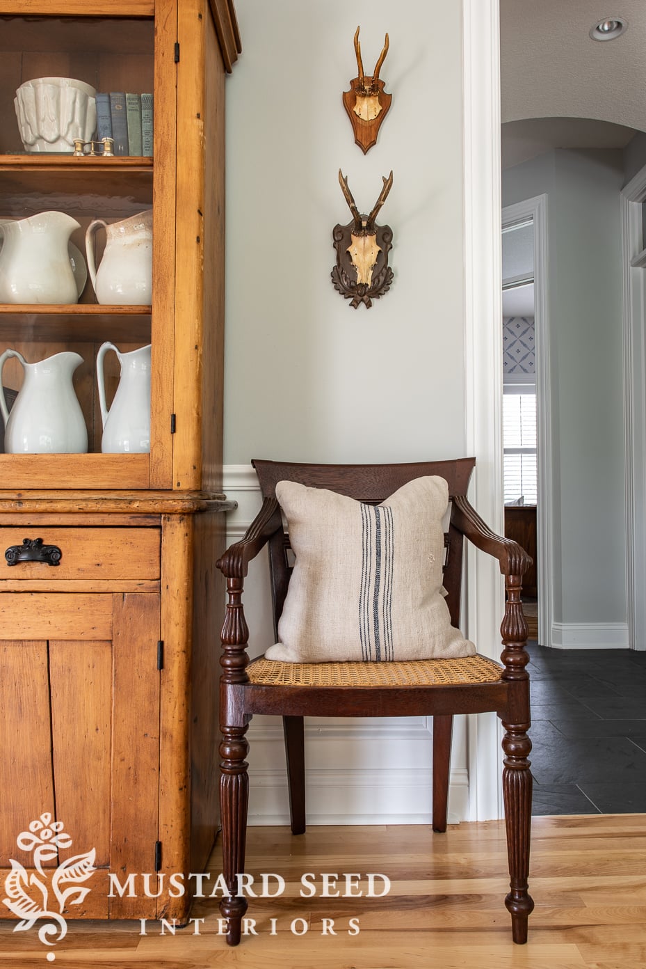 antique pine hutch | raffles British colonial cane chairs | stonington gray | home decorating | miss mustard seed