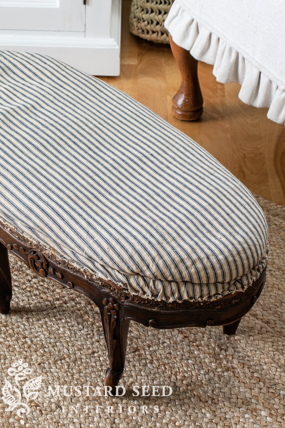 antique footstool makeover | blue and white ticking | miss mustard seed