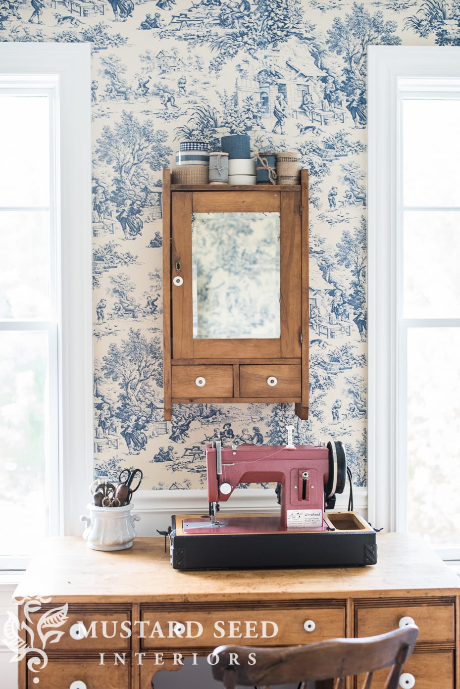 blue and white toile fabric wall | sewing room | antiques | miss mustard seed