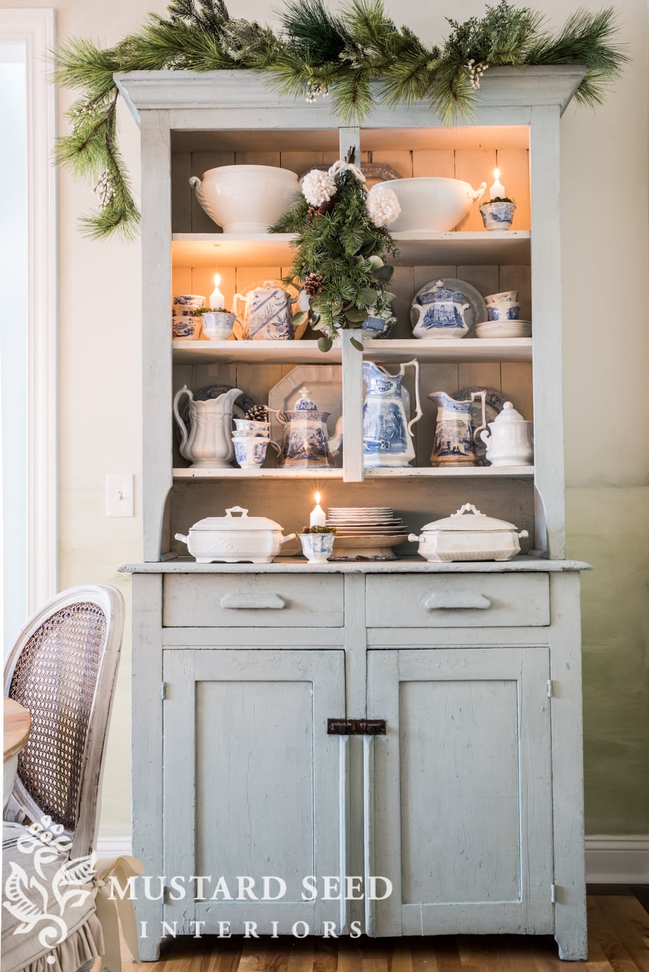 christmas decorating ideas | milk painted primitive hutch | blue and white transferware | miss mustard seed