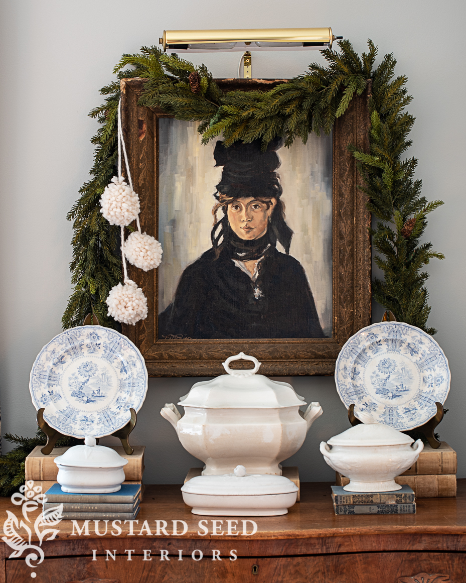 blue and white christmas living room | miss mustard seed