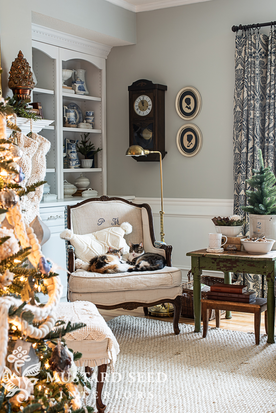 blue and white christmas living room | miss mustard seed