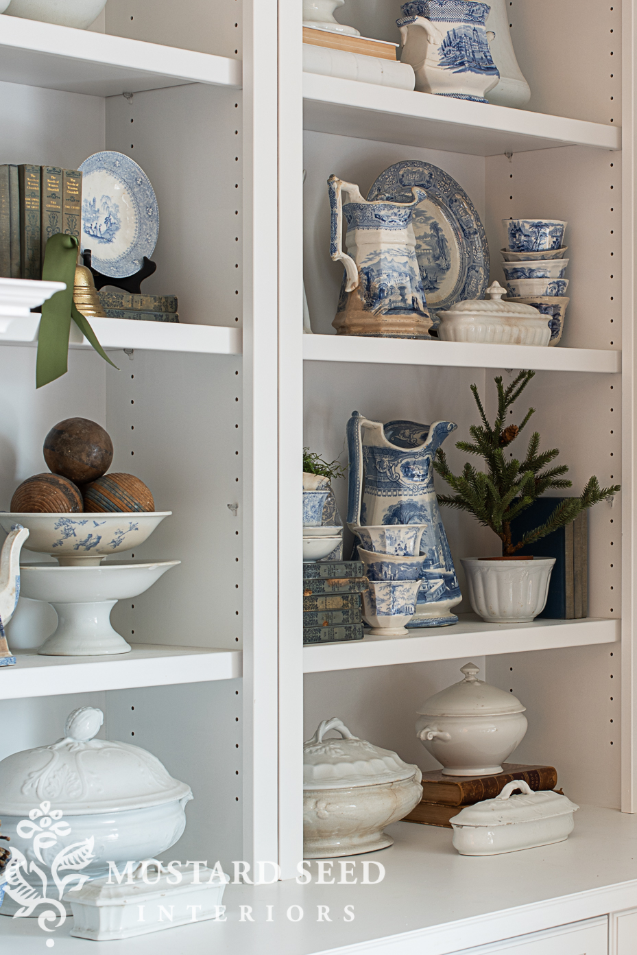 blue and white christmas living room | miss mustard seed