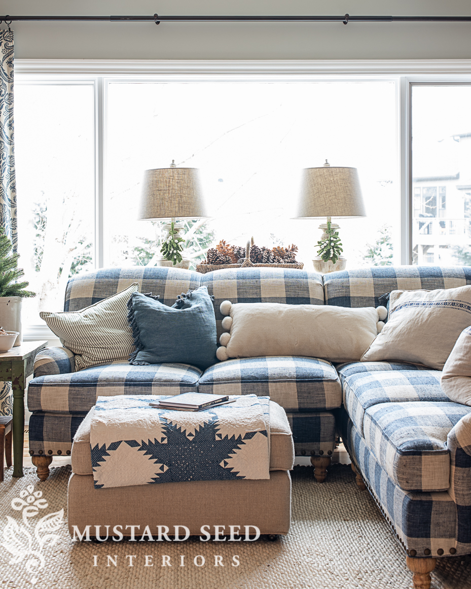 blue and white christmas living room | miss mustard seed