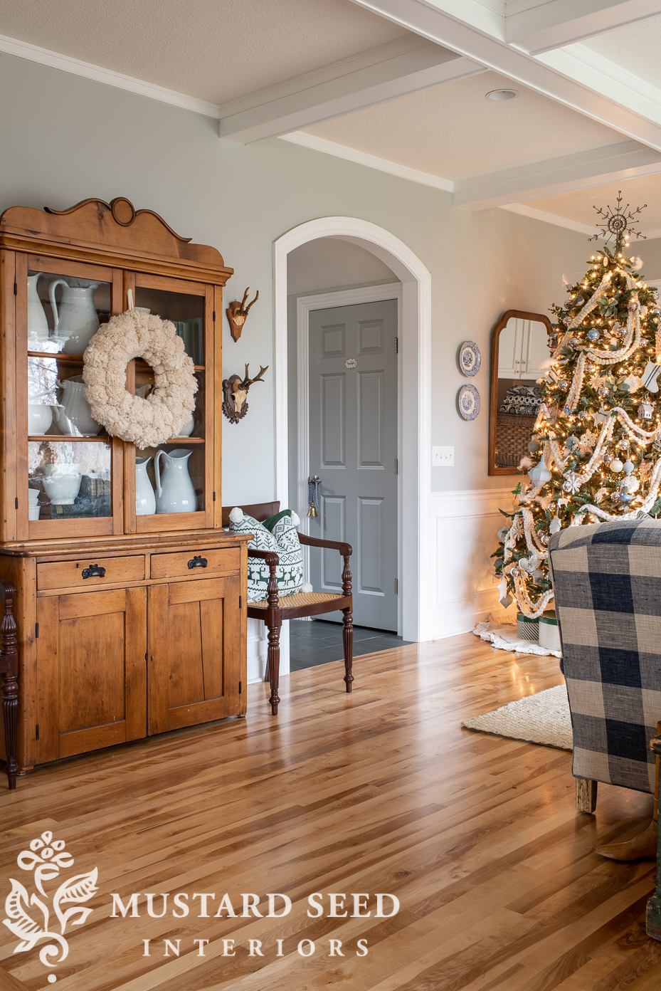 blue and white christmas living room | miss mustard seed