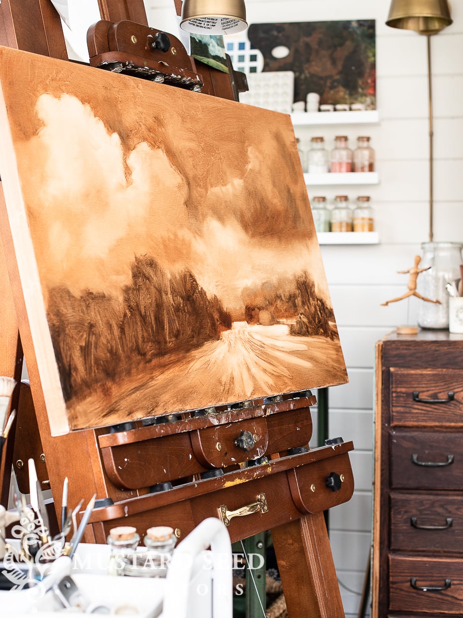 landscape underpainting | sienna counterweight studio easel | miss mustard seed