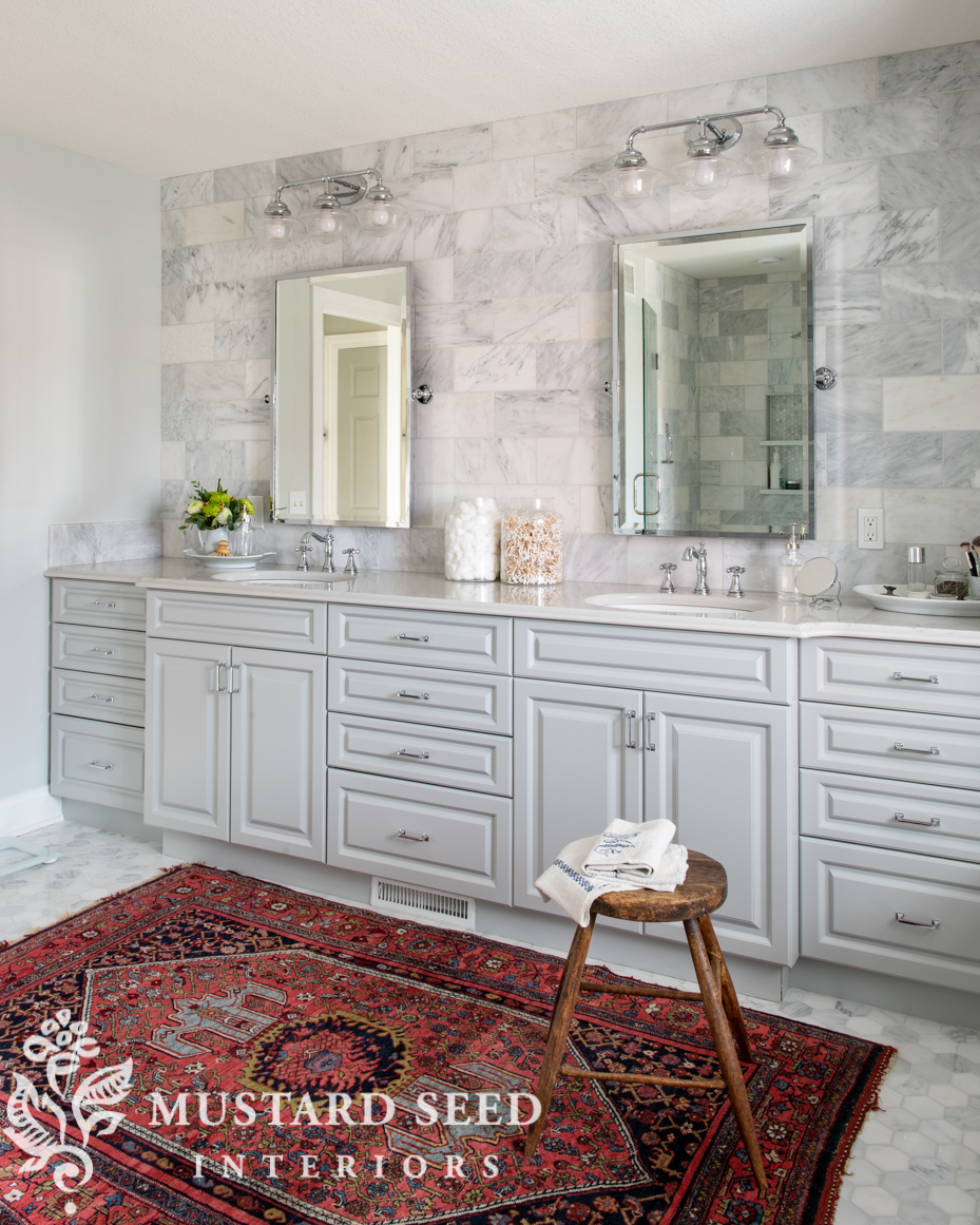 antique wool rug in cool neutral bathroom | miss mustard seed
