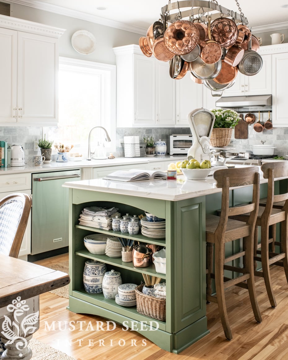 vintage kitchen decorating | painted cabinets | miss mustard seed