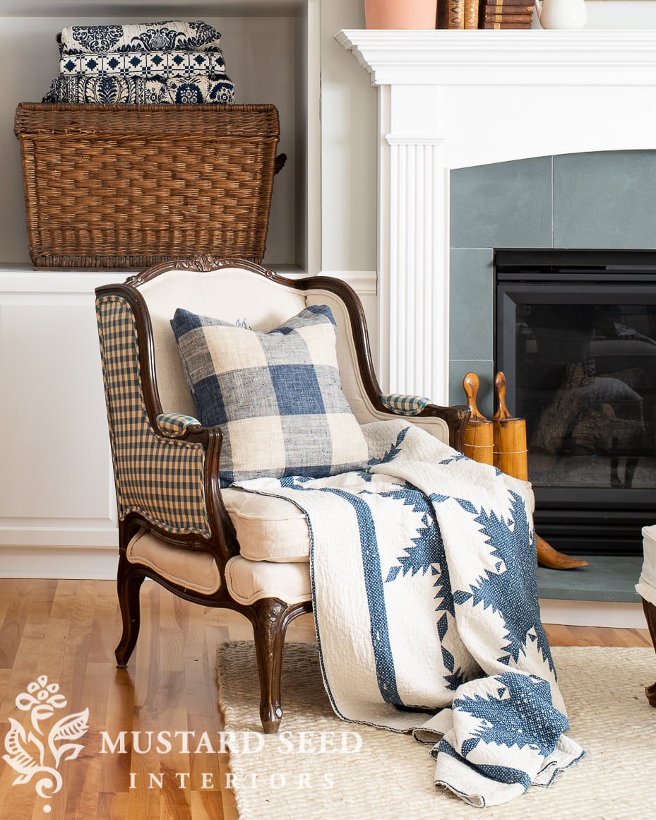 decorating with antique quilts | blue and white | miss mustard seed