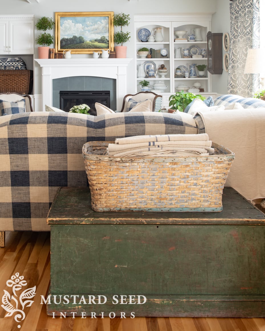 blue and white living room decorating | antiques | miss mustard seed