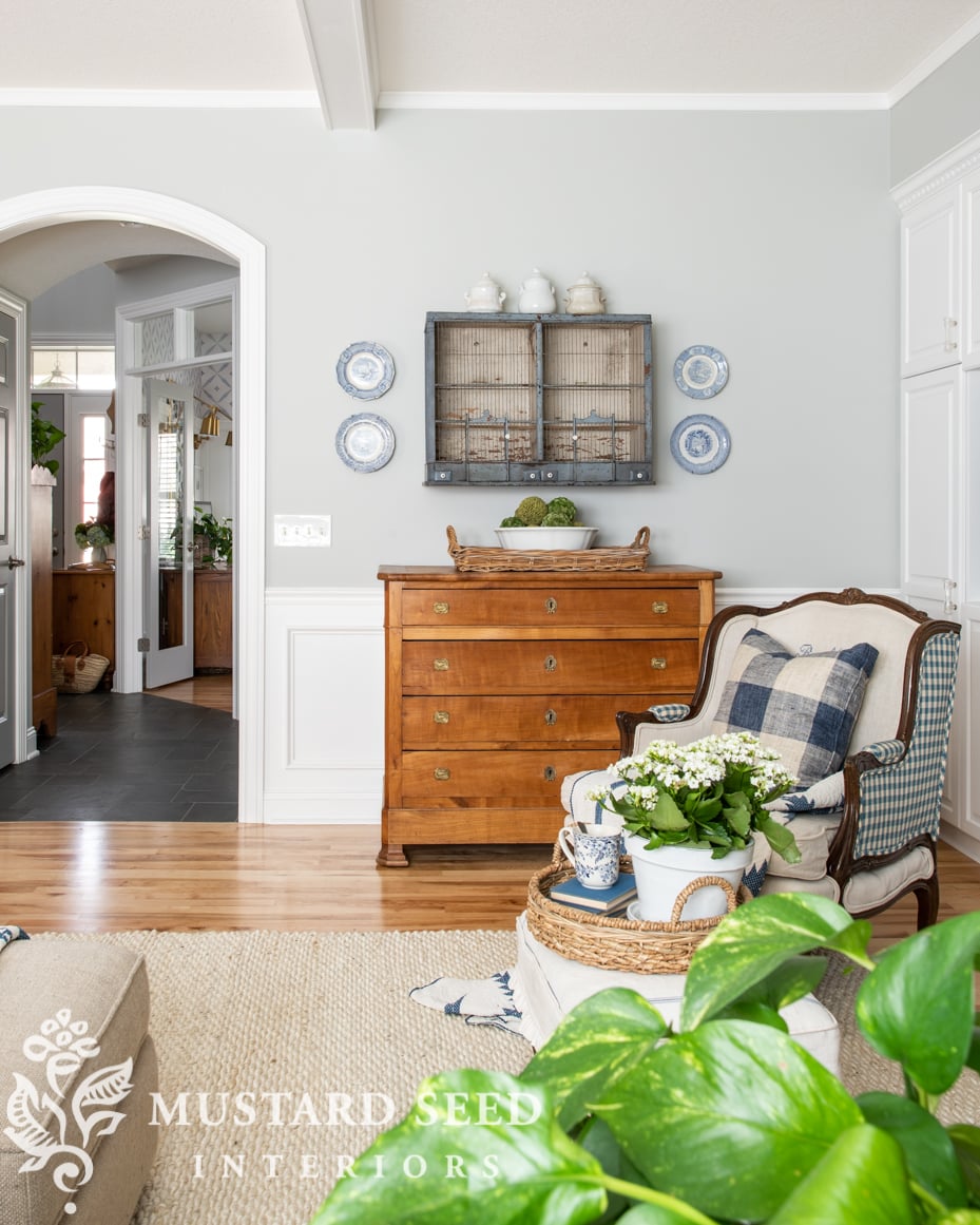 blue and white living room decorating | antiques | miss mustard seed