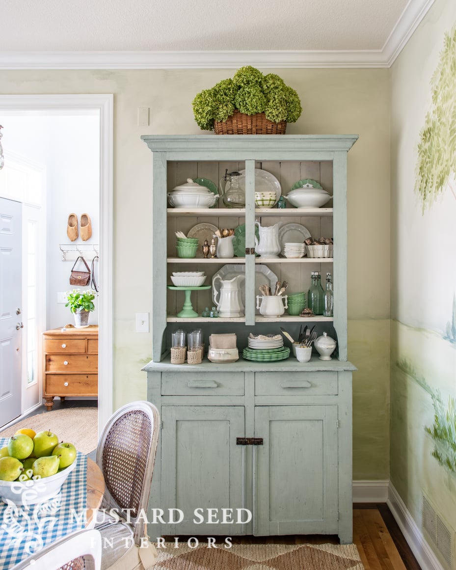 vintage dining room decorating | painted primitive hutch | miss mustard seed