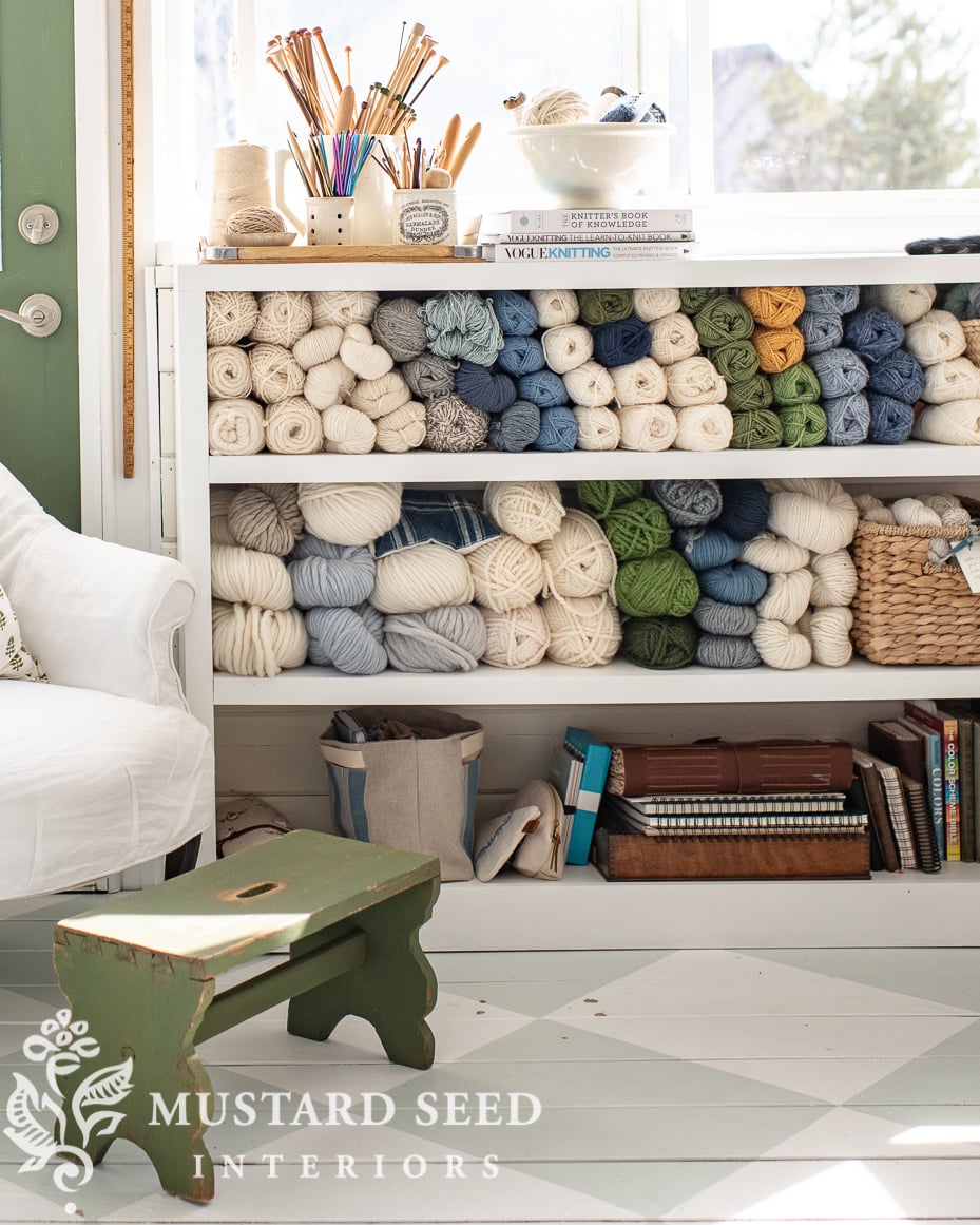 art studio | yarn storage | DIY built-in shelf | miss mustard seed