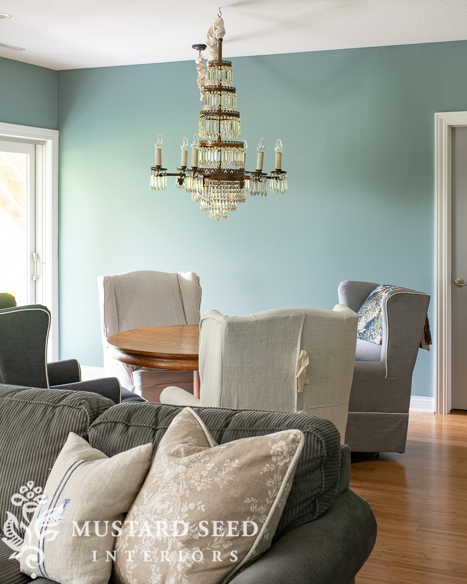 basement family room makeover | 1800's chandelier | miss mustard seed