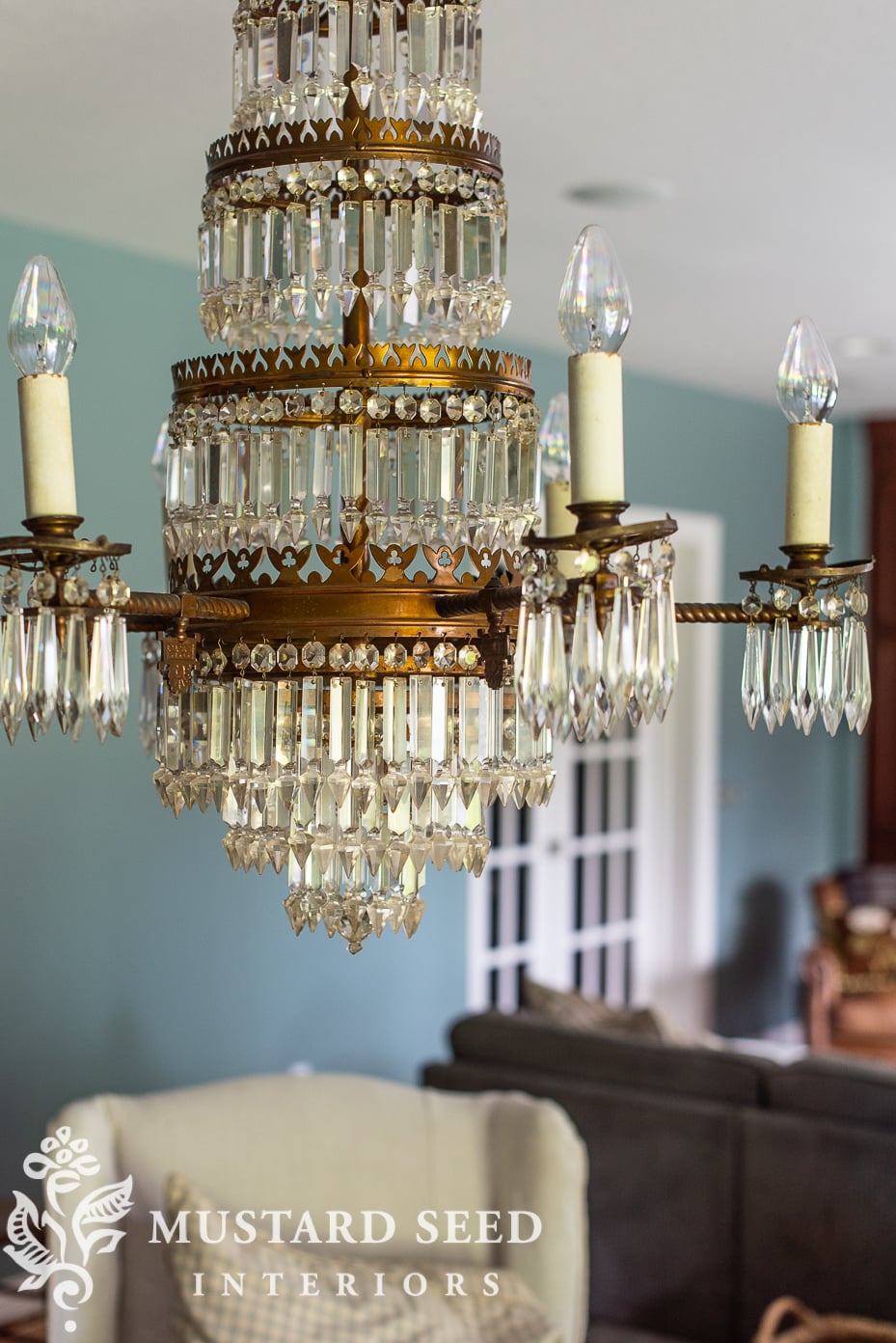 basement family room makeover | 1800's chandelier | miss mustard seed