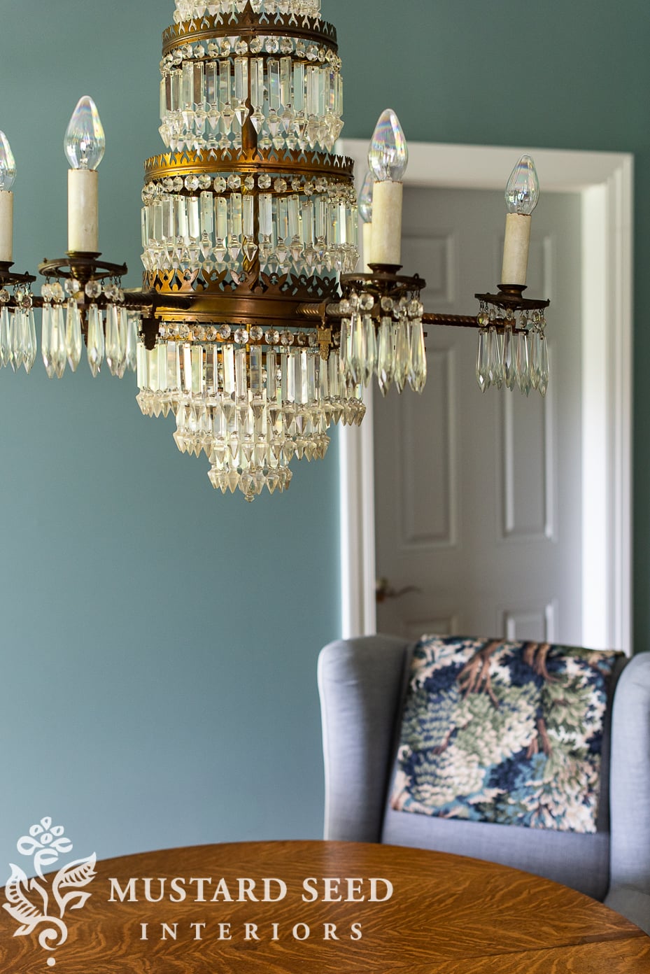 basement family room makeover | 1800's chandelier | miss mustard seed