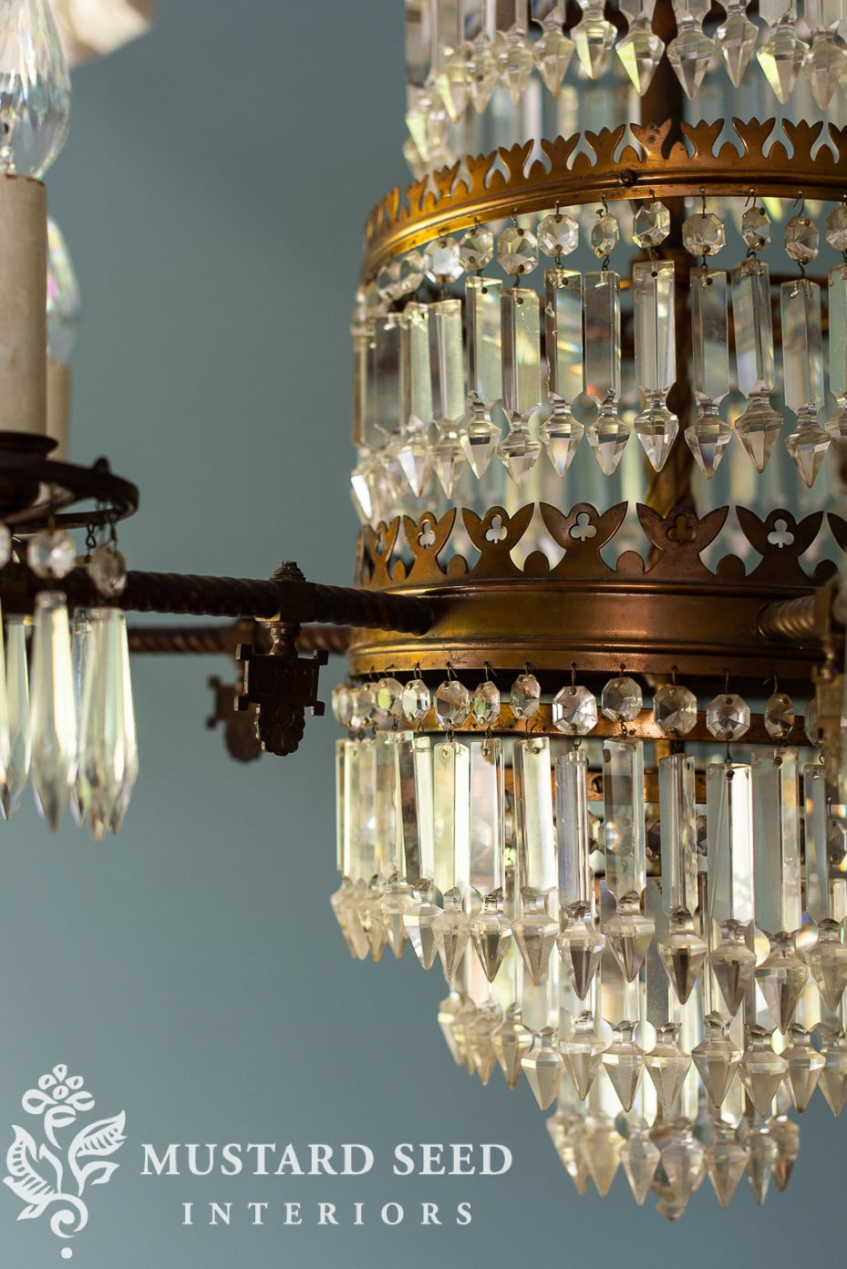 basement family room makeover | 1800's chandelier | miss mustard seed
