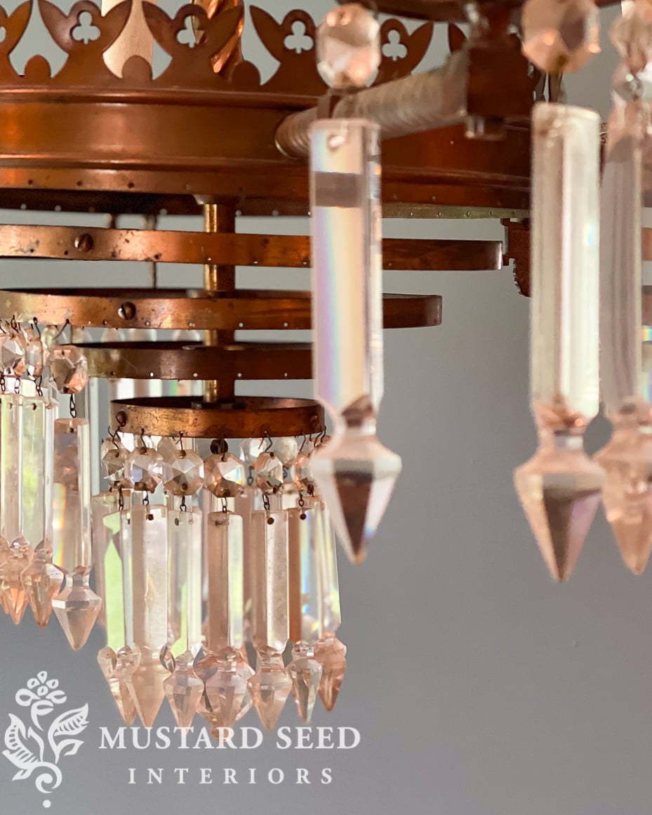 basement family room makeover | 1800's chandelier | miss mustard seed