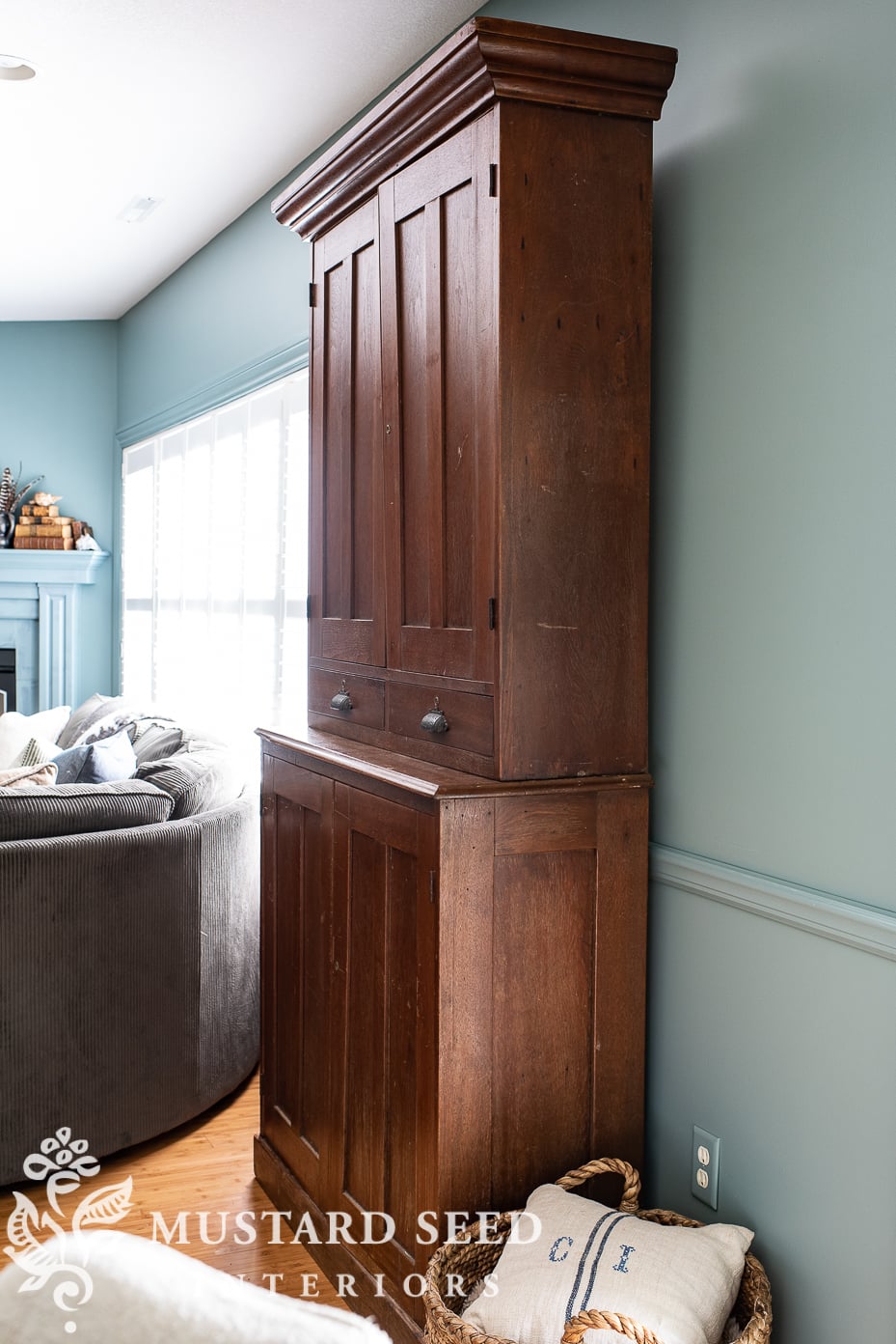 basement family room makeover | antique cabinet | miss mustard seed