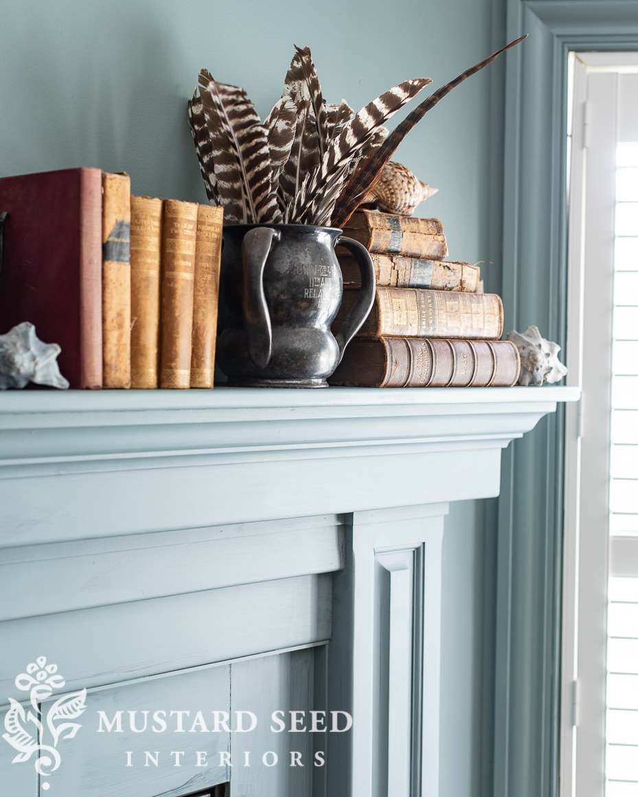 antique leather books | basement family room makeover | miss mustard seed
