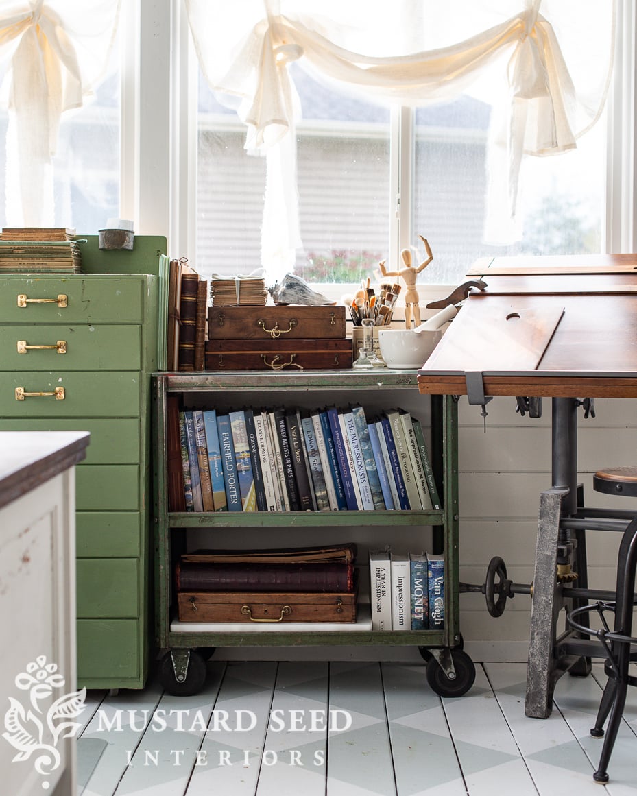 antique metal rolling cart | art studio | miss mustard seed