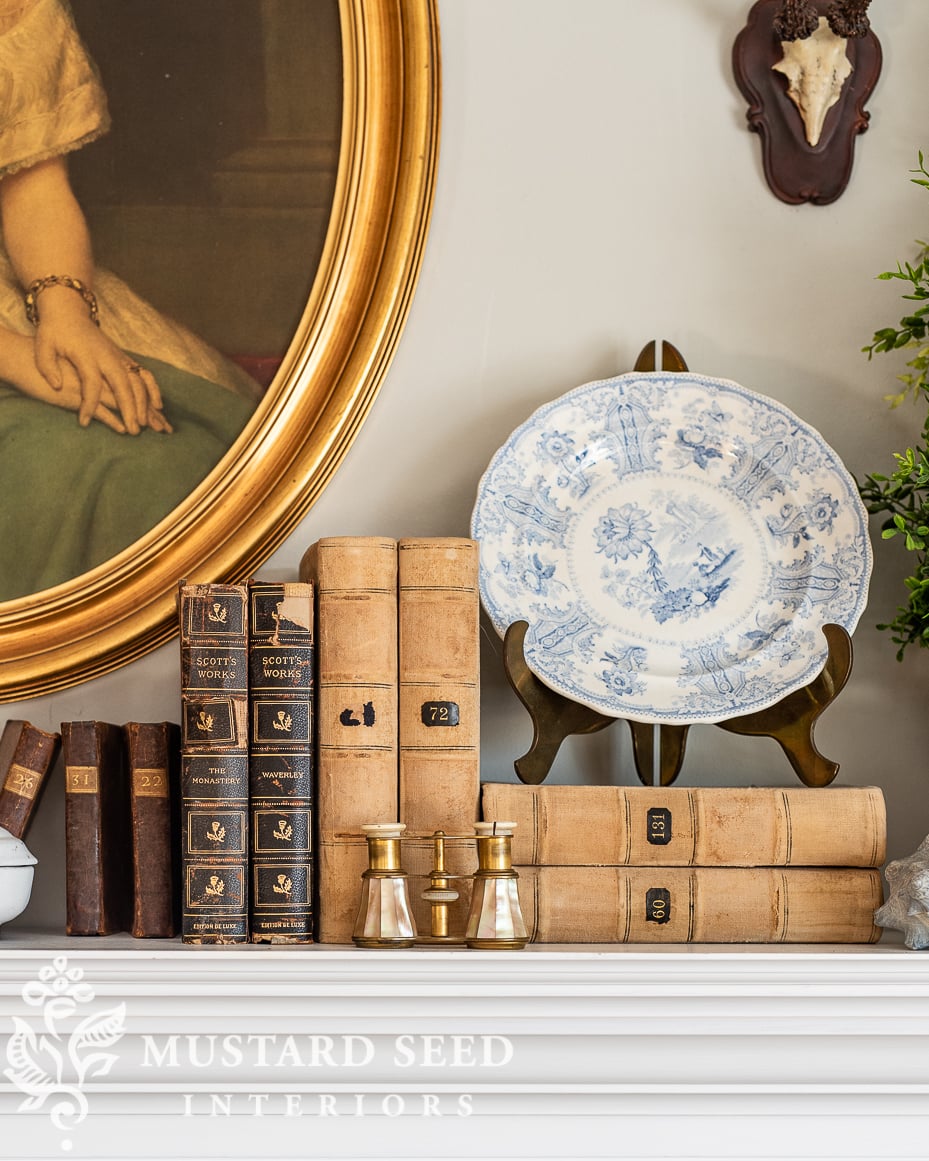 antique books | blue antique transferware plate | mantle decor | miss mustard seed