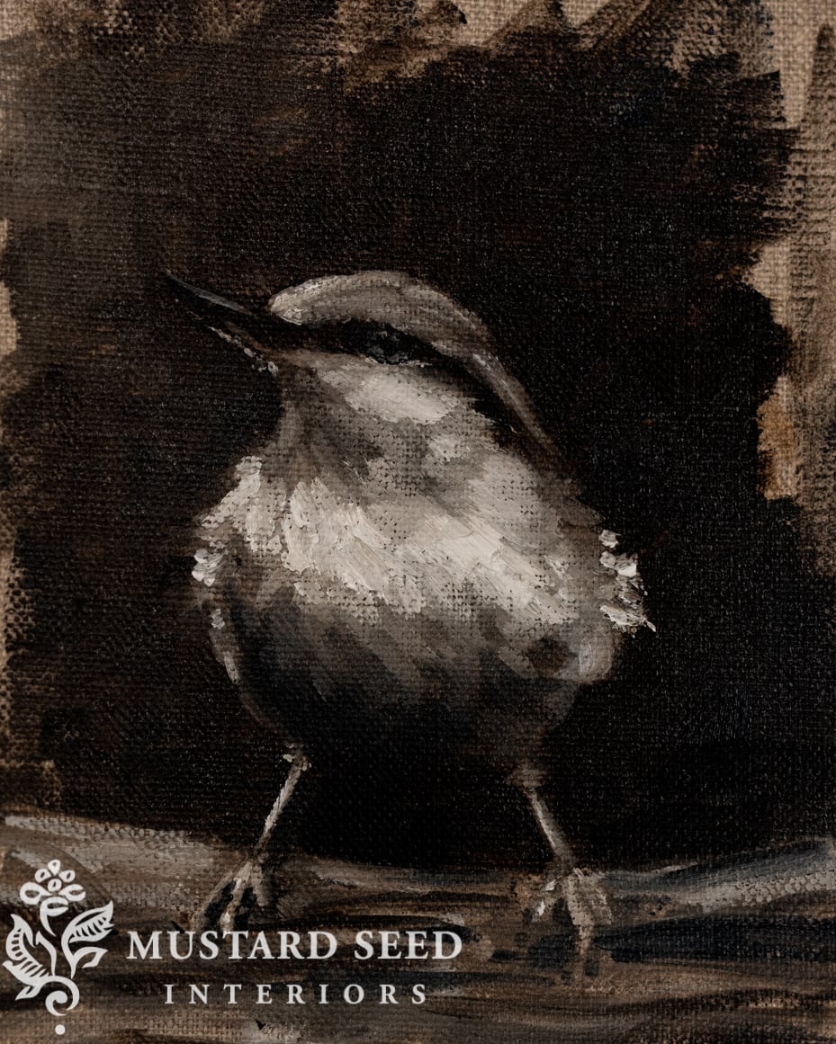 oil on linen tonal bird painting | miss mustard seed