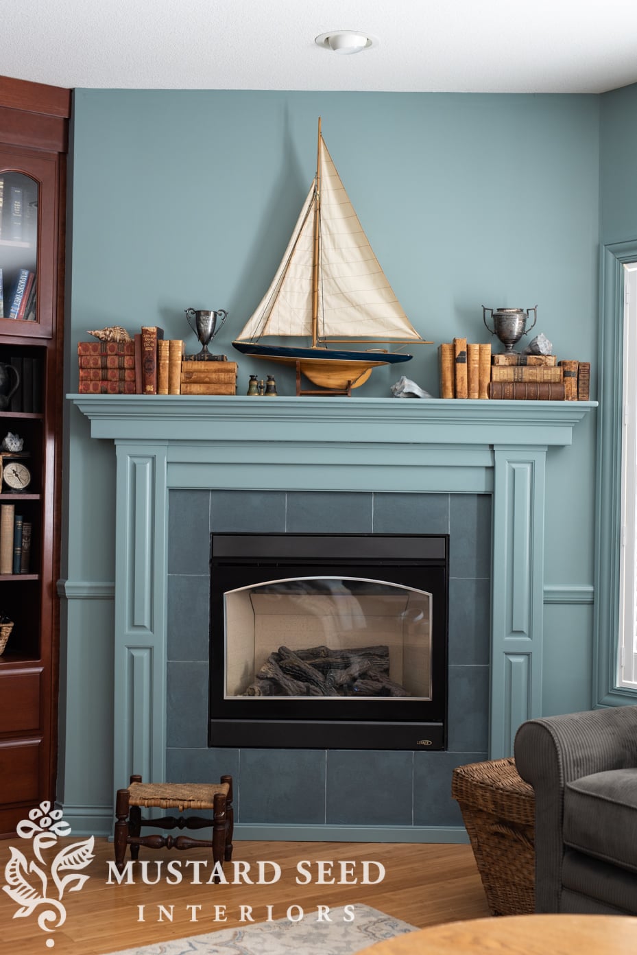 oval room blue fireplace and living room | miss mustard seed