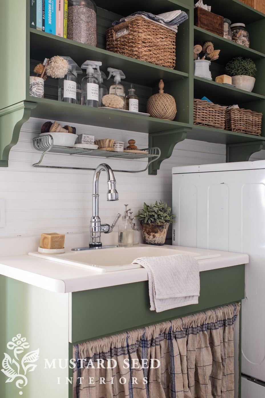 laundry room open shelves | styling and organizing | miss mustard seed