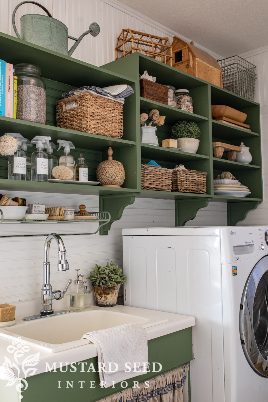 laundry room open shelves | styling and organizing | miss mustard seed
