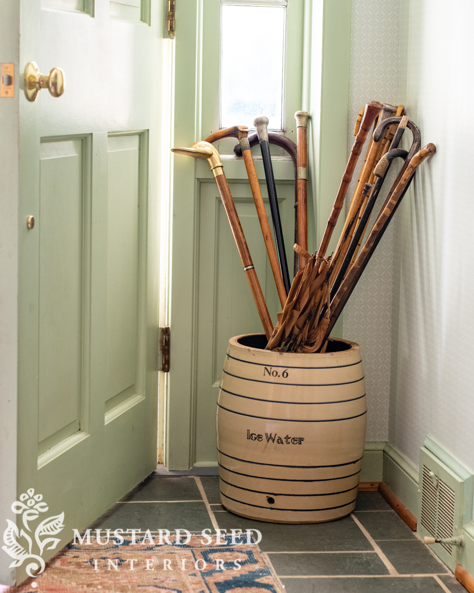 antique umbrellas and canes in a crock | miss mustard seed