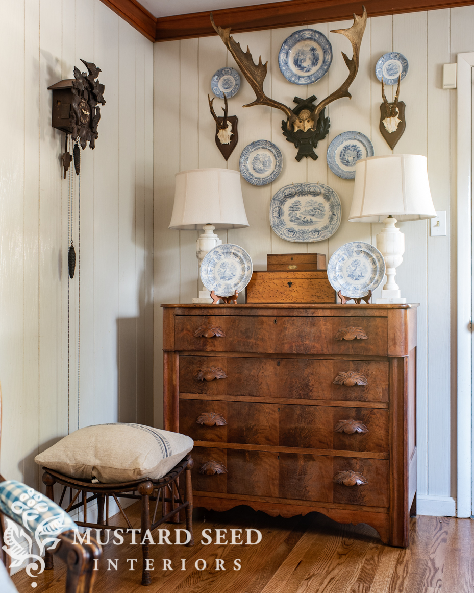 transferware plates and antlers decor | miss mustard seed