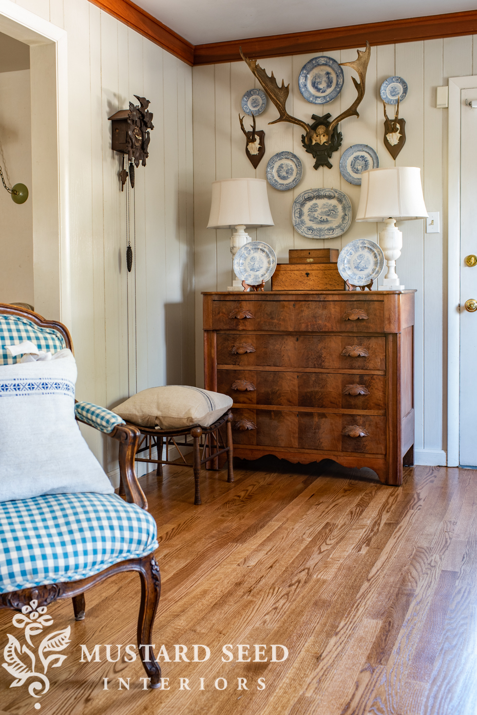 antique transferware and European stag antlers | living room | miss mustard seed