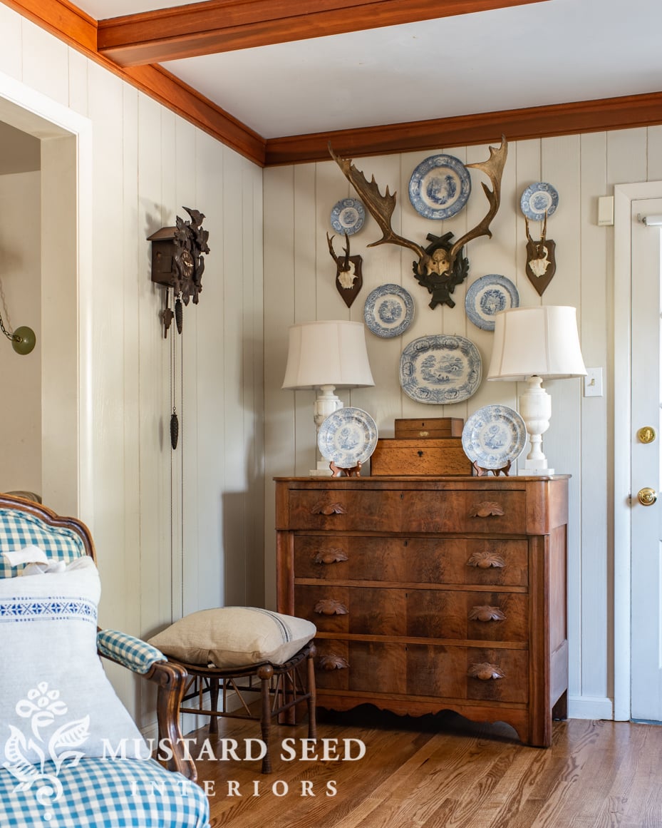 antlers and plates wall arrangement | living room decorating | antiques | miss mustard seed