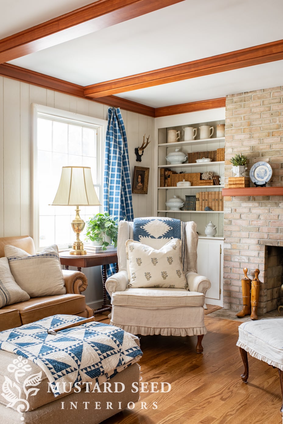 decorating process | living room | antiques | blue and white | thibaut logan plaid | miss mustard seed