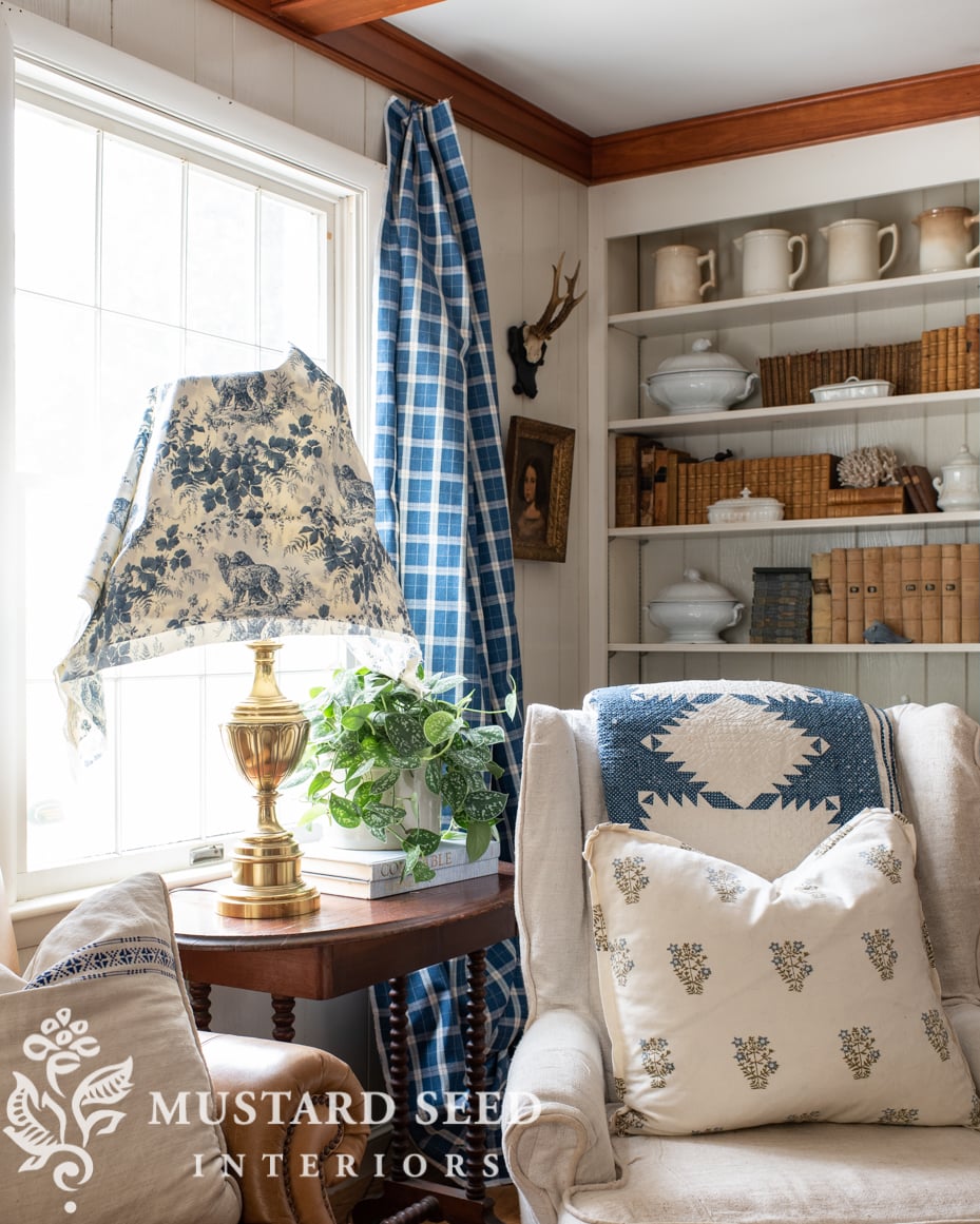decorating process | living room | antiques | blue and white | thibaut logan plaid | miss mustard seed
