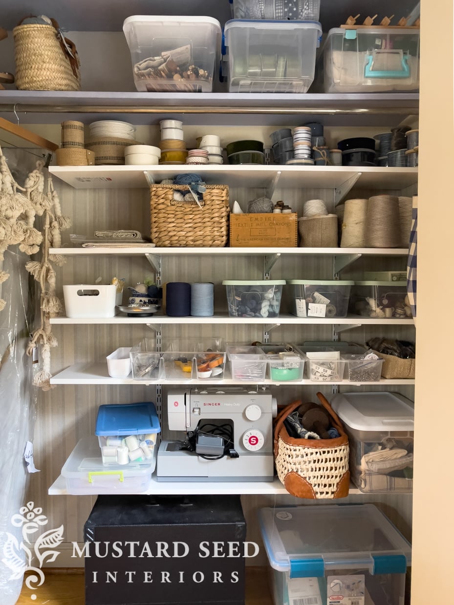 closet shelving installation in the sewing room | miss mustard seed