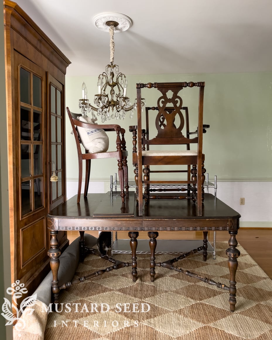 dining room furniture moved for wallpaper removal | miss mustard seed