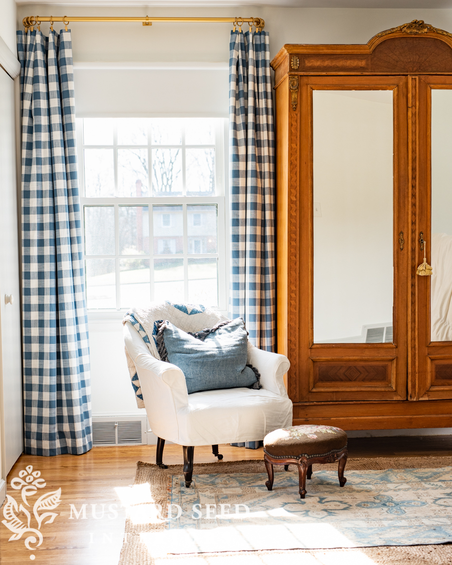 blue and white checked curtains | miss mustard seed