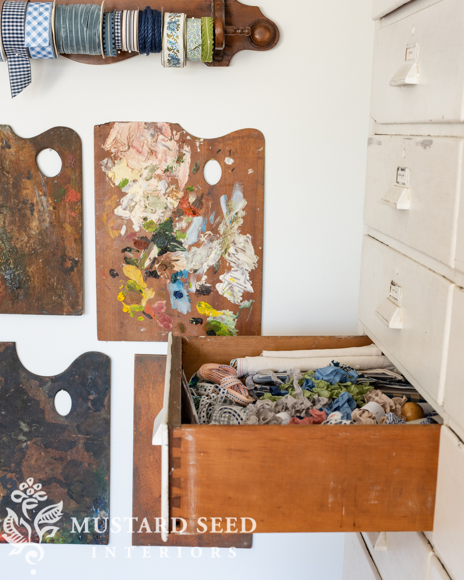 antique white cabinet with drawers | art studio | miss mustard seed