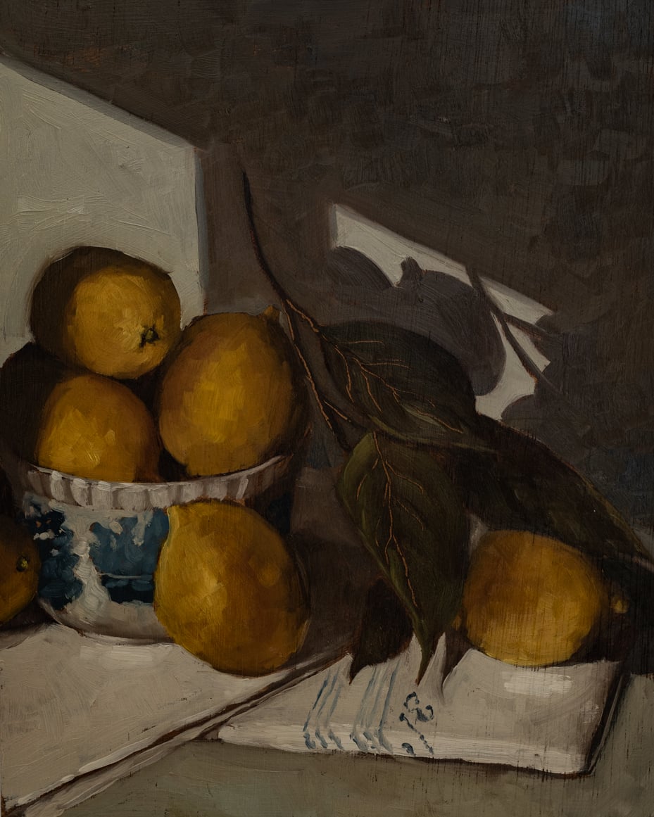 lemons & a monogrammed tea towel | original oil painting | marian parsons | miss mustard seed