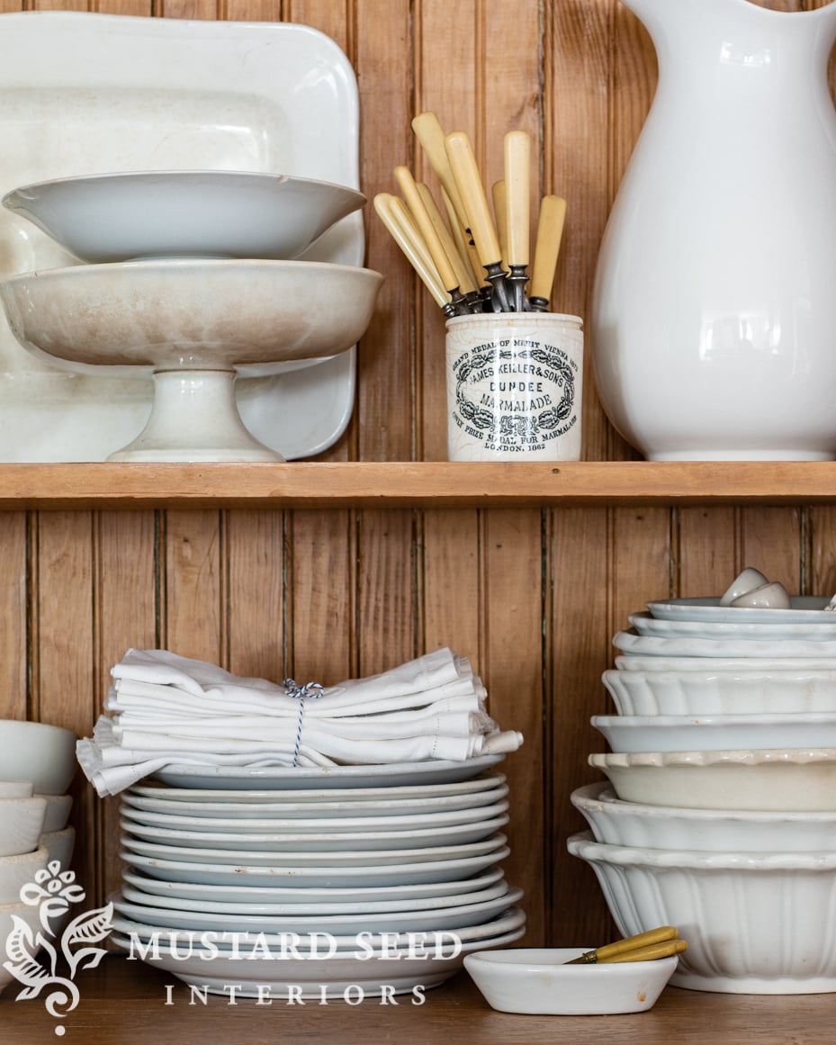 antique pine hutch | white ironstone | kitchen eating area | miss mustard seed