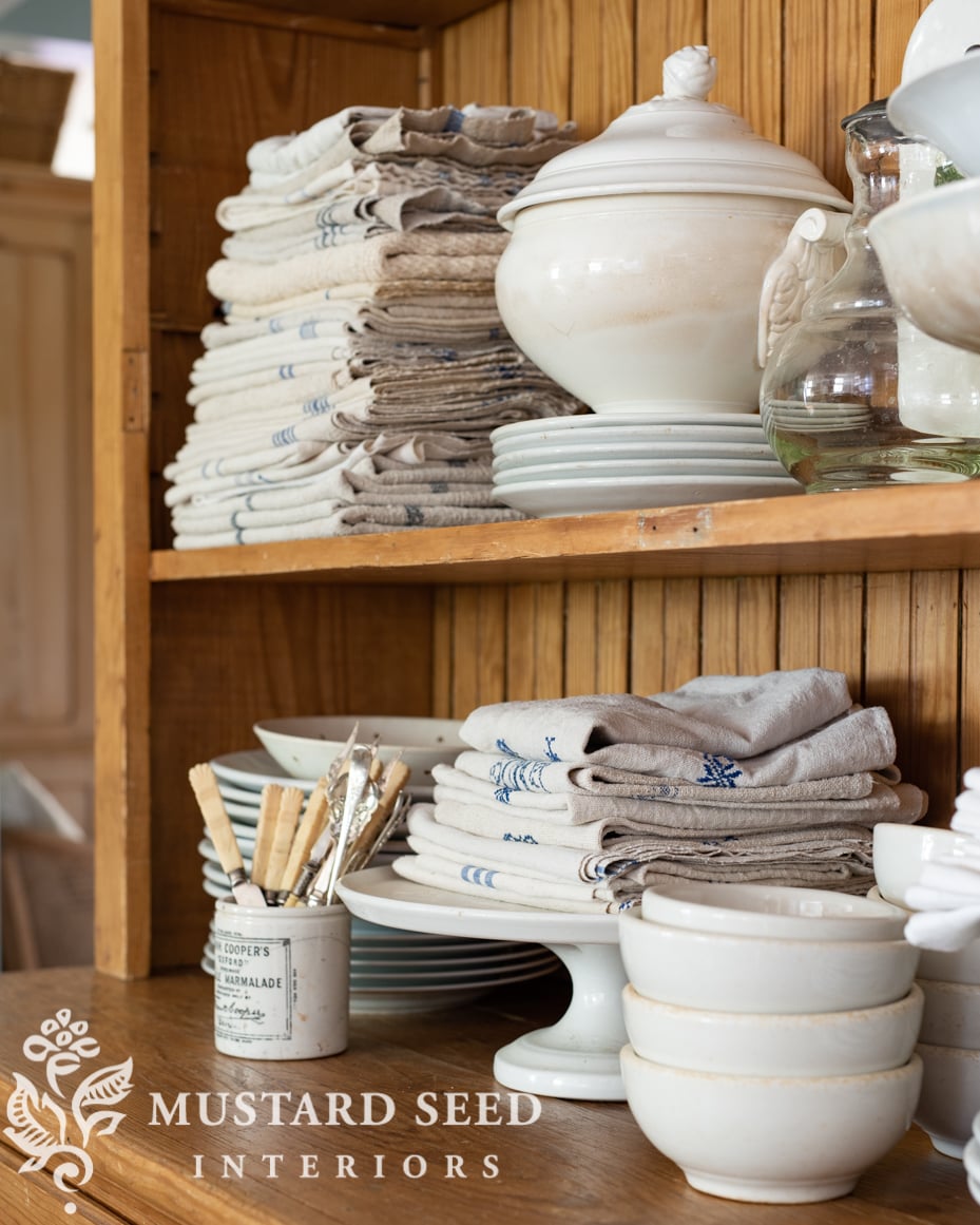 antique pine hutch | white ironstone | kitchen eating area | miss mustard seed