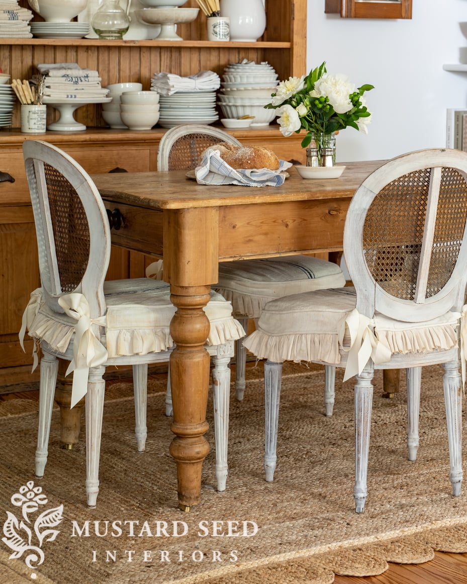 antique pine hutch | white ironstone | kitchen eating area | miss mustard seed