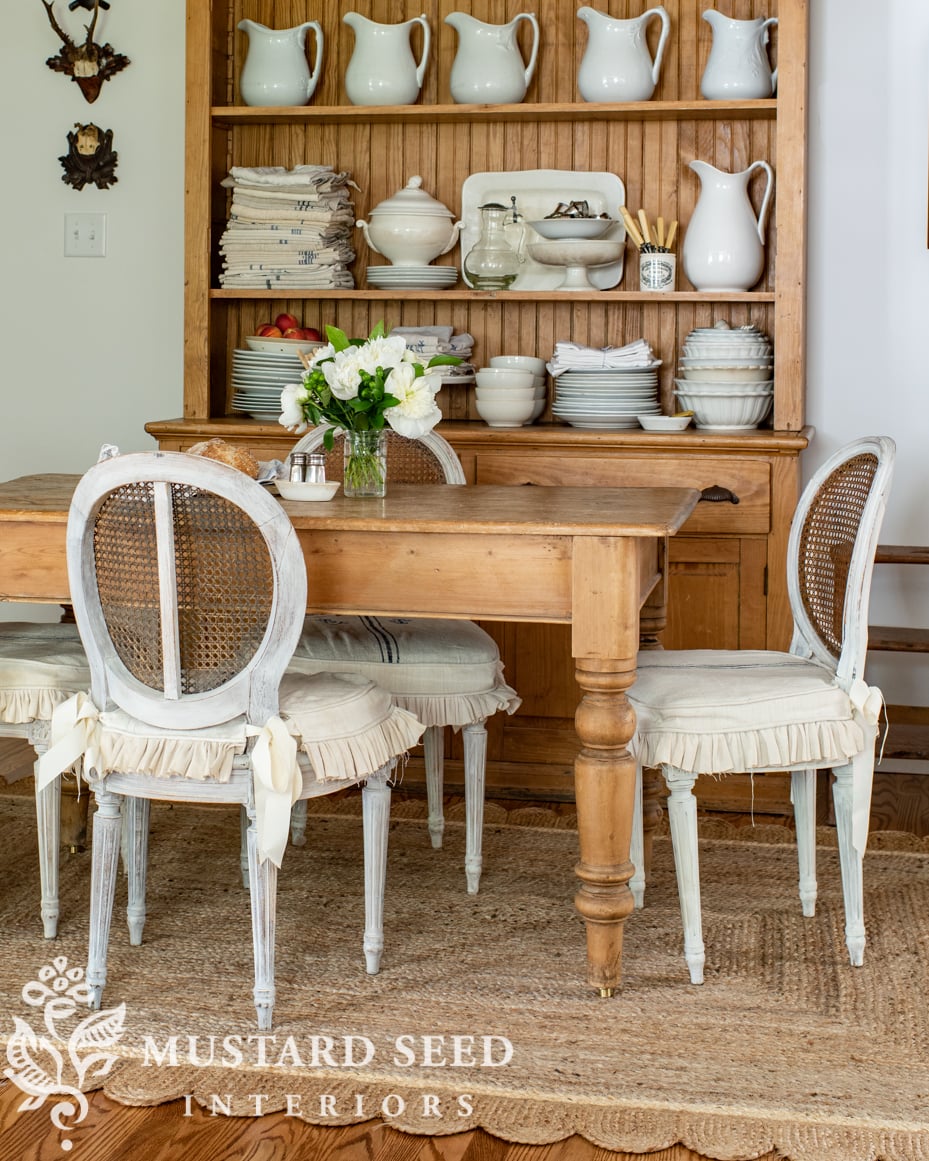 antique pine hutch | white ironstone | kitchen eating area | miss mustard seed