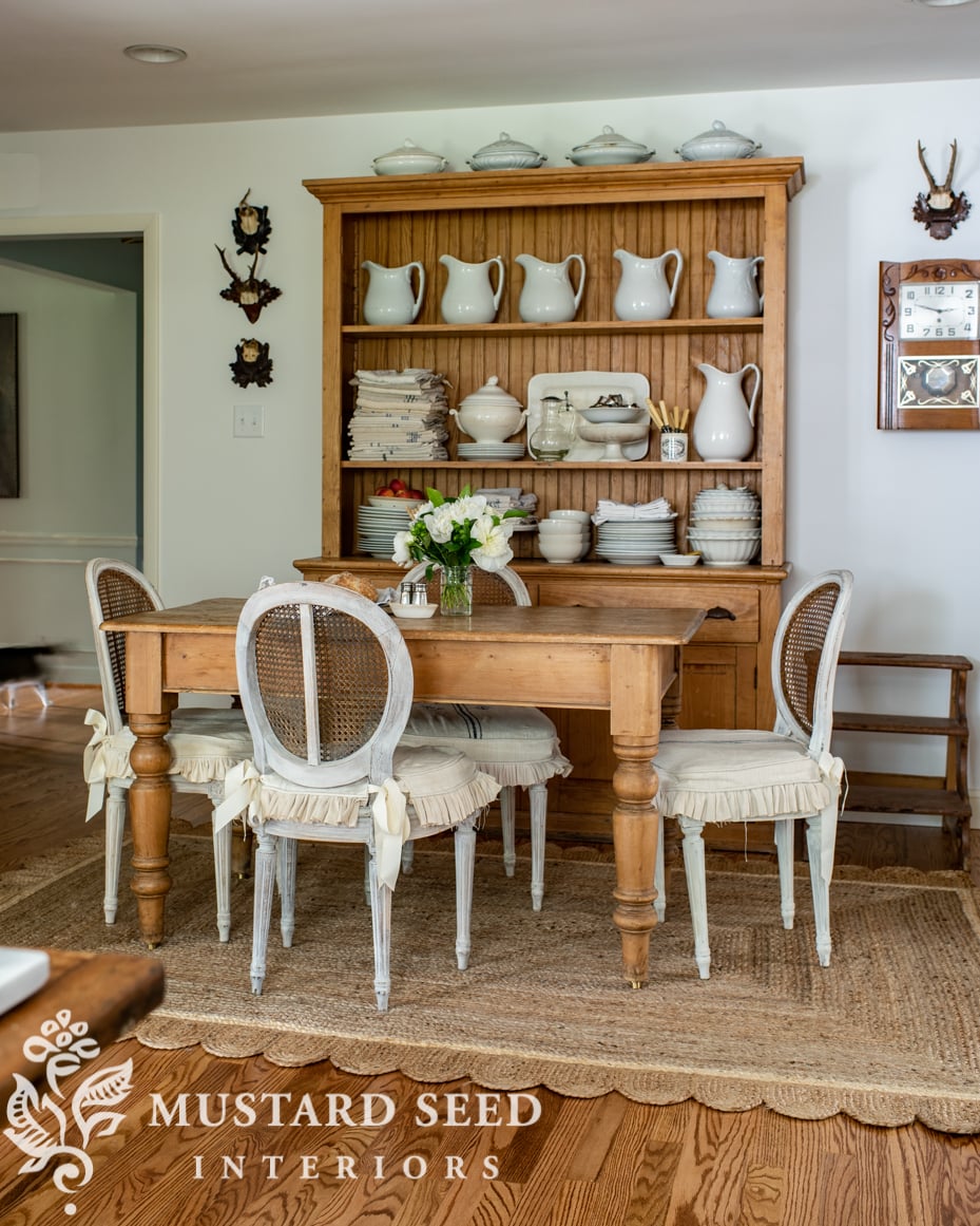 antique pine hutch | white ironstone | kitchen eating area | miss mustard seed
