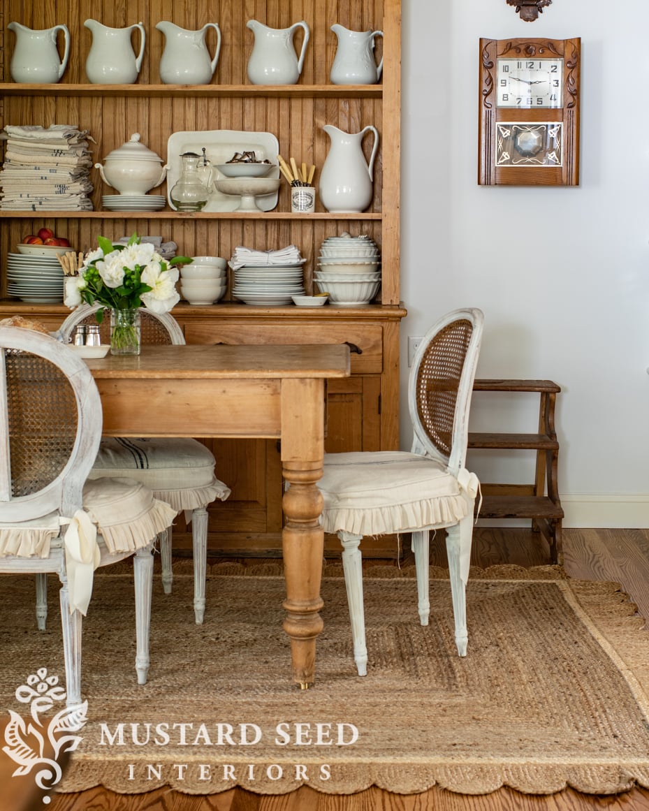 antique pine hutch | white ironstone | kitchen eating area | miss mustard seed
