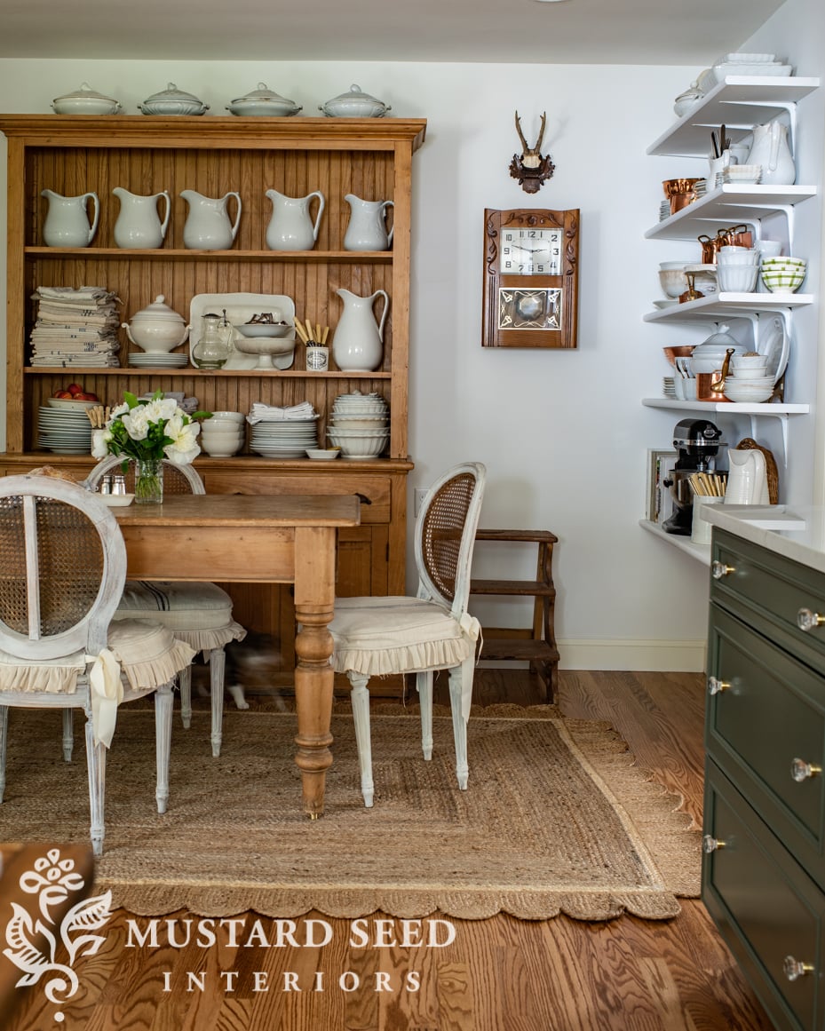 antique pine hutch | white ironstone | kitchen eating area | miss mustard seed